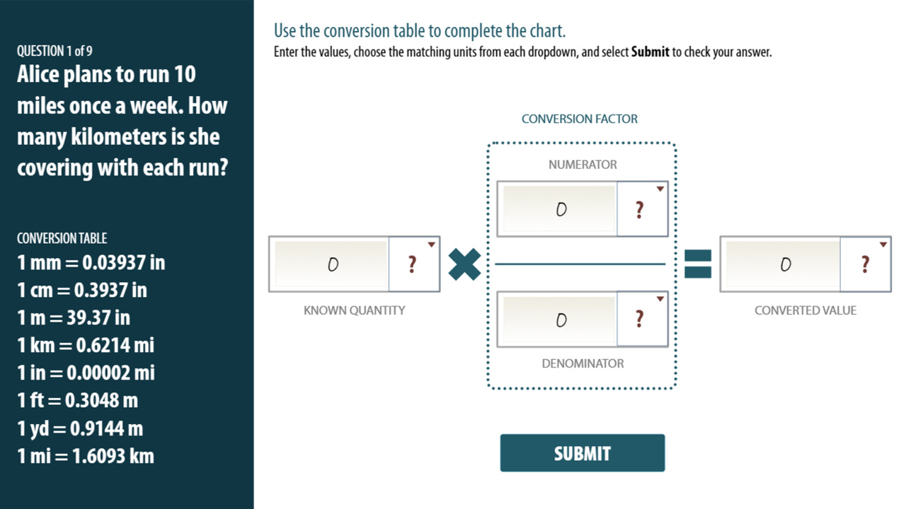 A screenshot from the Metric Conversions practice course